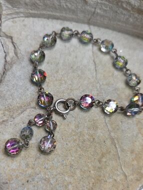 Vintage Aurora AB Crystal Bead Bracelet - Multi-Color Tassel 6.5"